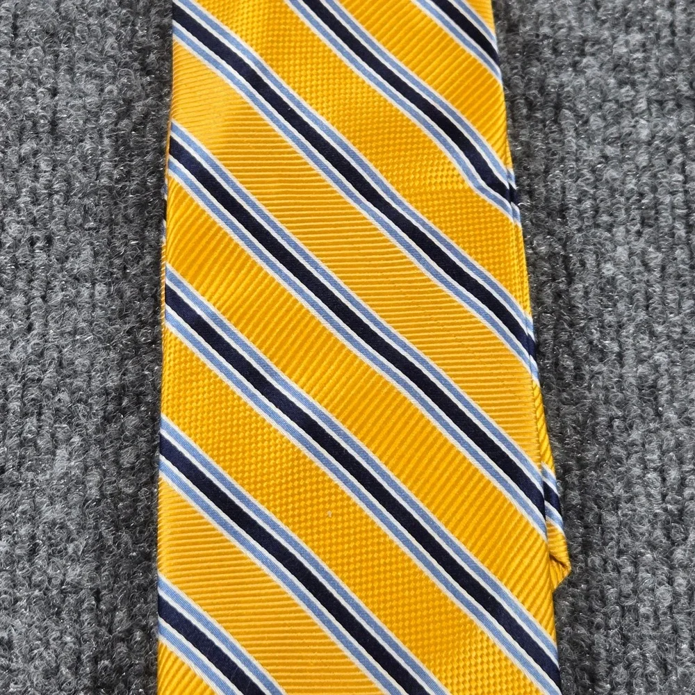 The Tie Bar Necktie Mens Yellow Navy Blue Striped 100% Silk Stain Resistant